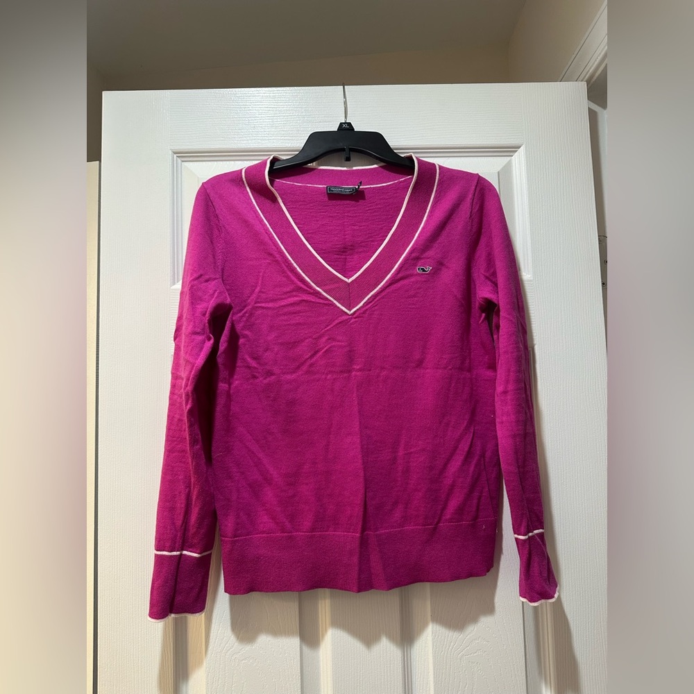 Women's cotton cashmere magenta  Pink V-Neck slim Sweater